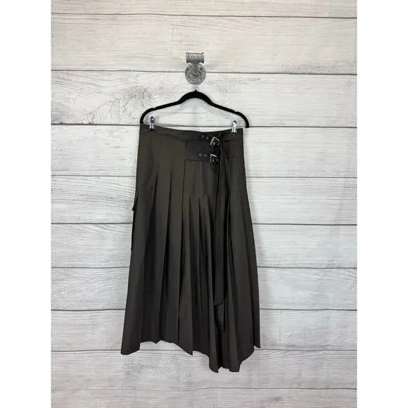 Zara Women's Brown Pleated Asymmetrical Buckle Midi Wrap Skirt Size Medium - Picture 2 of 10